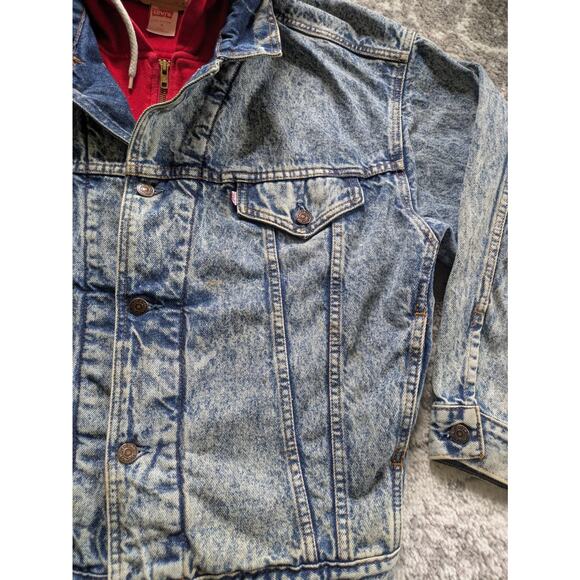 VTG 80s Levis Denim Trucker Jacket Acid Wash Fleece Hood - Medium Made in Canada - Picture 10 of 16